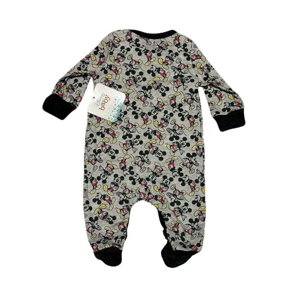NEW Disney Infant Size 3M Mickey Mouse Snap Up Footie Pajamas Gray Black 3 Month